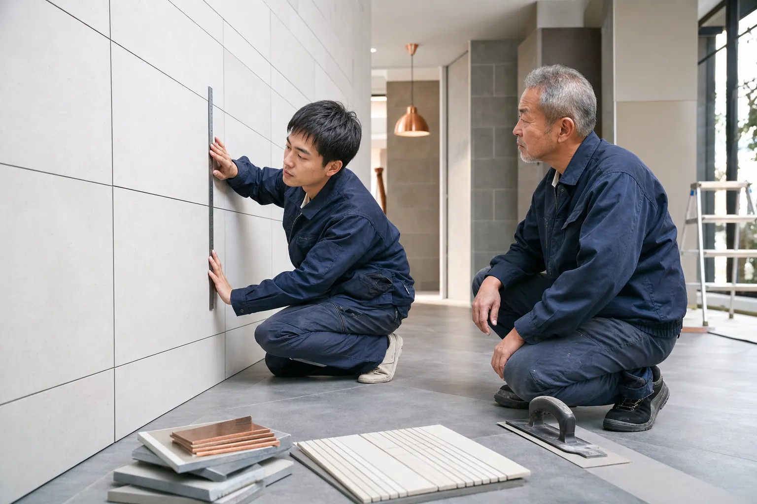 タイル職人の技術承継を確認する様子