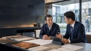 タイル工事会社の経営者とM&Aアドバイザーがタイルサンプルを前に相談している様子