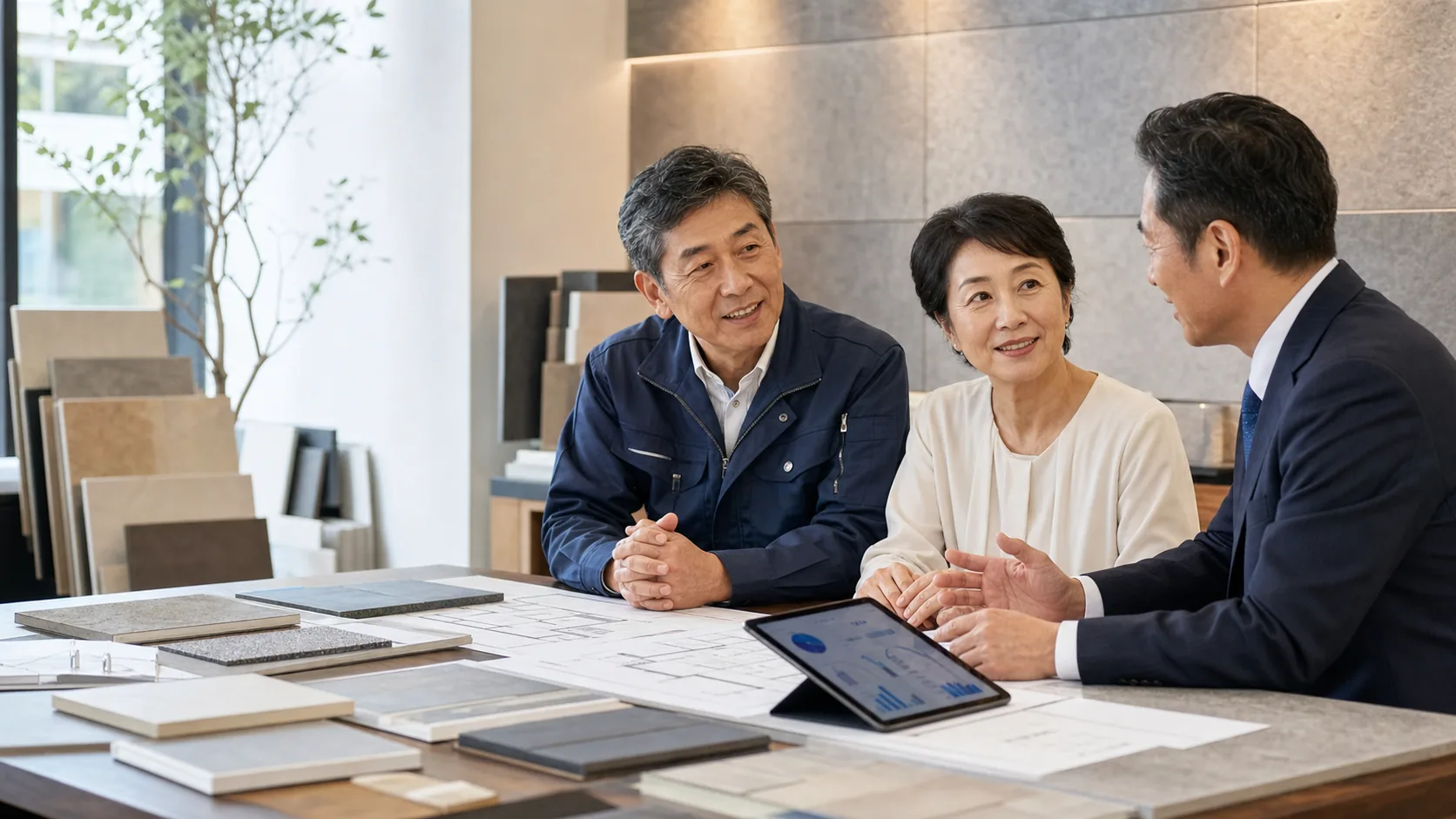 タイル工事会社のM&Aについて相談する経営者とアドバイザー