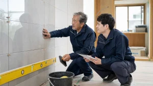 タイル施工現場で職人の技術承継を確認する様子