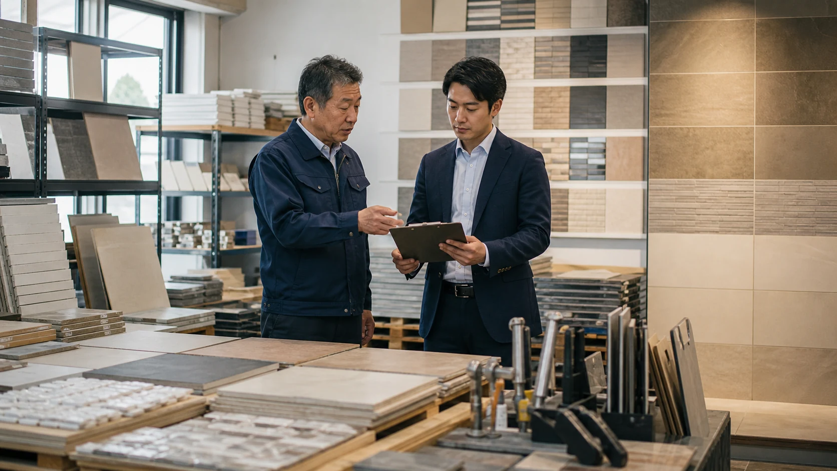 タイル材料の在庫と施工見本を確認する経営者とM&Aアドバイザーの現場確認イメージ