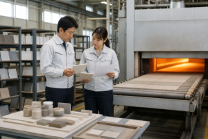 タイルメーカーのM&Aで原料・成形・焼成・釉薬・品質保証を確認する工場のアイキャッチ